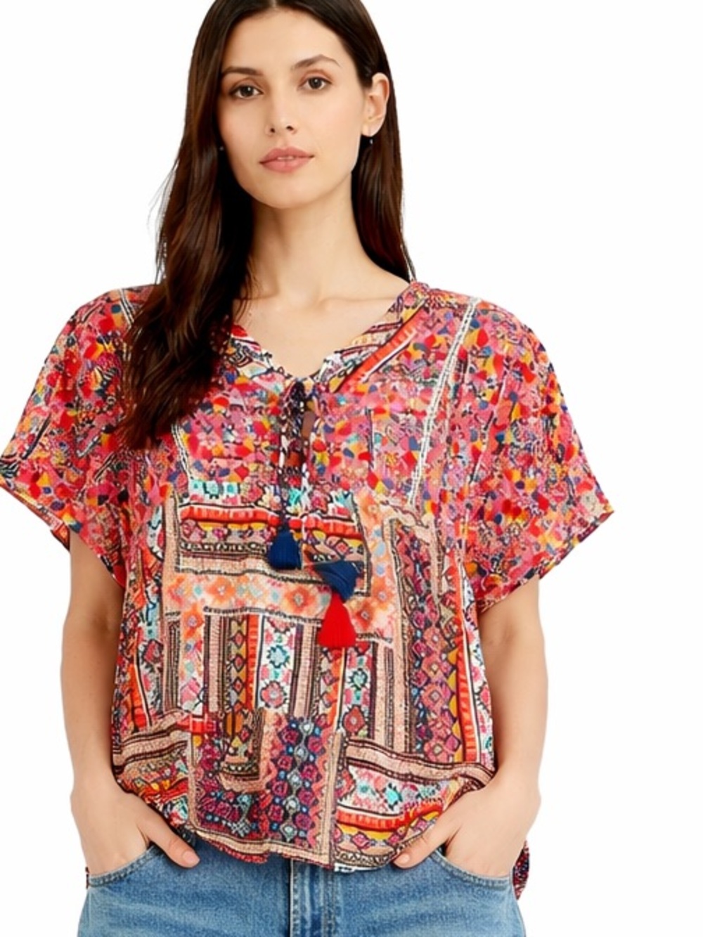 S18. Boho Floral Embroidered  Tie-Neck Short Sleeve Top - Pink Multi Beautiful